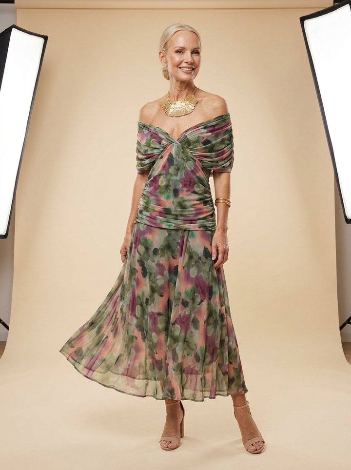Emerald Grace | Elegant V-neck Fantasy Painted Floral Print Party Maxi Dress